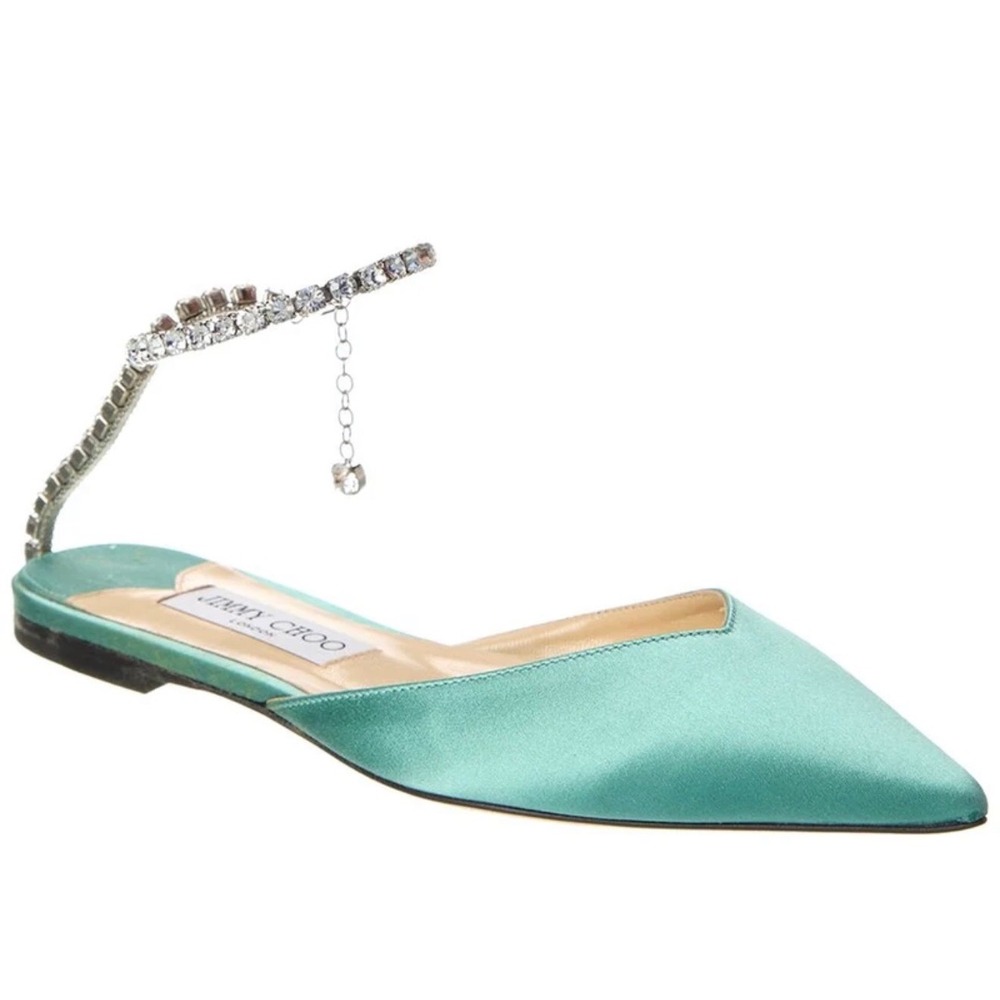 Jimmy Choo Genevi Flat Seafoam Green Satin Crystal Ankle Strap Shoes 36.5